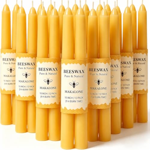 Image of 100% Natural Beeswax Candles,Dripless Taper Candle Sticks,10 Inch,12Pack | Non-Toxic,100% pure,9 H burn ,unscented,smokeless,dripless Tapered Candlesticks for home,dinner table,prayer,wedding,churche