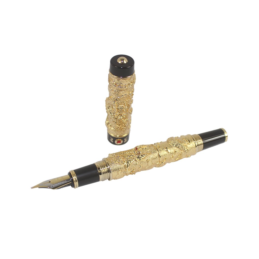 Jinhao - Pluma estilográfica clásica de dragones chinos jugando con la perla tallada 3D, estilo dorado de lujo, dorado 3