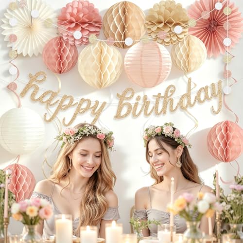 Image of Boho Pink Happy Birthday Decorations for Women Girls, Pre-Strung, 24pcs | Happy Birthday Banner, Honeycomb Ball, Paper Flowers, Lanterns, Fans, Streamers, Dots Garland for Birthday Party Decorations