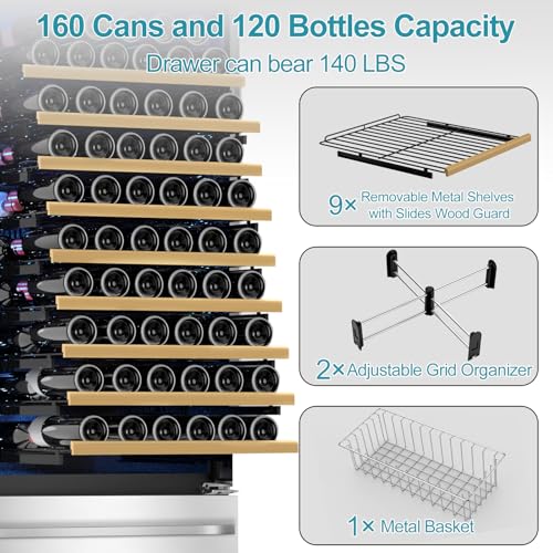 Image of Tylza Wine and Beverage Refrigerator, 24'' Dual Zone Wine Fridge with Dual Drawers, Holds 160 Cans and 120 Bottles, Reversible Door, Built-In or Freestanding, Beverage Fridge for Home or Commercial