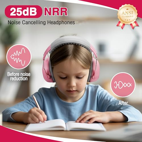 WORKPRO Noise Cancelling Headphones for Kids, NRR 25dB Kids Ear Protection, Autism Noise Reduction Ear Muffs for Concentration Shooting Range DIY, Pink - Image 2