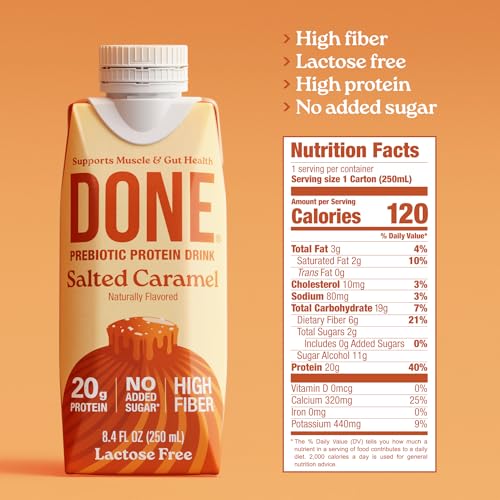 Image of Done Prebiotic Protein Shake, Salted Caramel, 20g Protein, 8.4oz, 8 Pack | 20g Whey Protein, High Fiber, Prebiotic, Lactose & Gluten Free, No Added Sugar, Ready-to-Drink Shake, 8-Pack