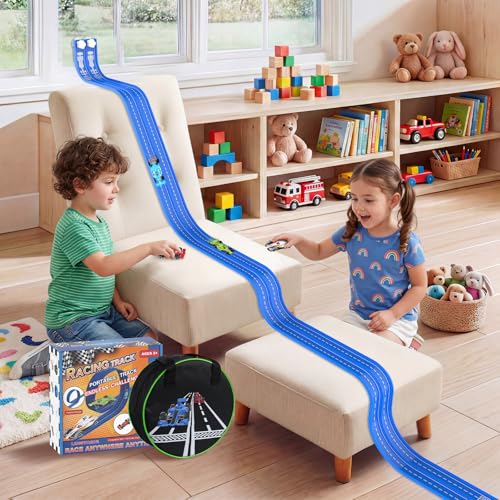 20Ft Flexible Race Track, Slot Car Race Track Set for Kids Ages 3+, Dual Racing Game 2 High-Speed Cars 1/64 Scale, w/8 Suction Cups, 4 Alloy Cars– Ideal Easter Birthday Gift for Boys & Girls (Blue)