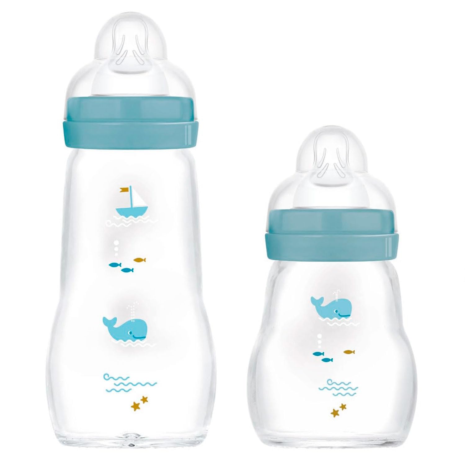 MAM Biberon in vetro, set da 2, Feel Good dalla nascita, 170 ml e 260 ml, biberon in vetro, blu