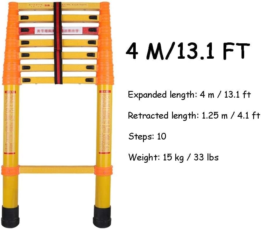 Lightweight 4M Fiberglass Extension Ladder with Hook Non-Conductive Stepladder for Roofs & Walls Compact Design with Finger Protection - Safe & Durable for Outdoor Use