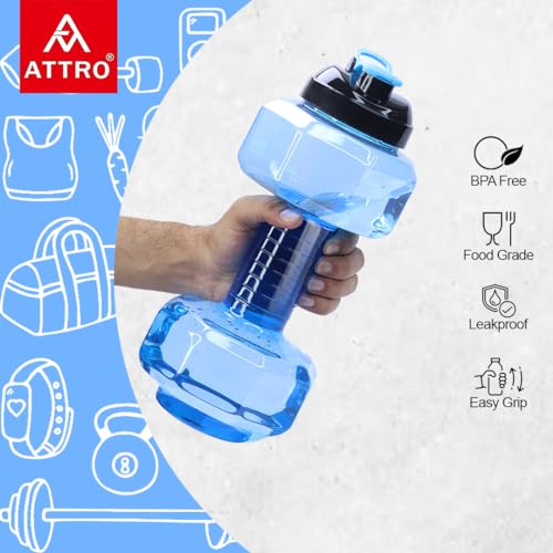 Image of Attro Dumbbell Water Bottle 2 Liter Plastic Bottle with Grip Handle Stylish Bottle for Gym Lover BPA Free, Food Grade, Leakproof- Blue