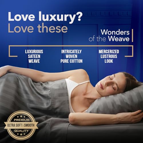 Image of TEXAS LINEN CO. 100% Egyptian Cotton Sheets Queen Size - Luxury 1000 Series Lonestar Lovin' Damask Bed Sheets Queen Size Set (4 PC, Dark Grey Stripe), Cooling, 16 inch Deep Pocket, Sateen Hotel Sheets