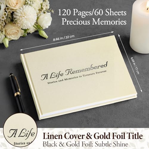 Image of Funeral Guest Book Set - Ivory Linen Hardcover with Black Gold Foil, 120 Acid-Free Lined Pages, Includes Table Sign & Welcome Card | 8.66x6.69 inch Memorial Sign-In Book for Funeral & Celebration of Life