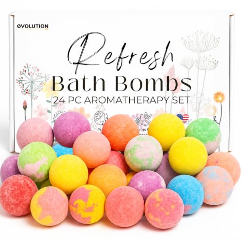 EvolutionUSA Refresh Bath Bombs for Women & Kids – 24 Bath Bombs Mini Sized, Organic Bathbomb Set, Women & Kids Bath Fizz, Luxury Gift for Mother’s Day, Easter, Valentines, Birthday or Self Care