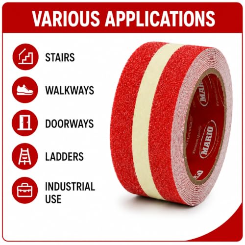 Image of Mario Red Anti-Skid Glow-in-the-Dark Tape Width 50mm x Length 5mtr (16.5 feet) | High Grip Waterproof Anti-Slip Safety Tape | Self Adhesive Non-Slip Tape for Stairs & Dark Areas | Pack of 1pc