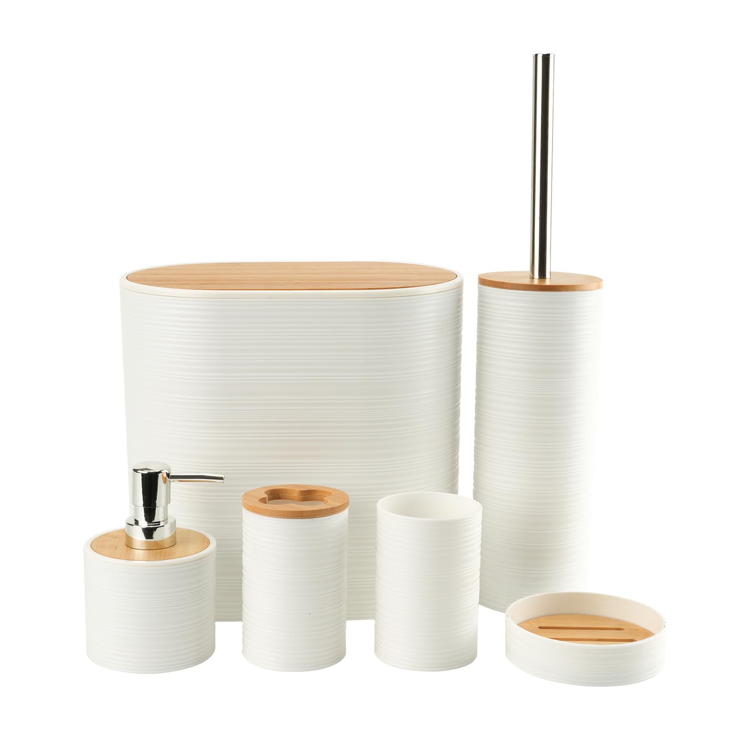 Juego de Accesorios de Baño 6 Piezas Plástico y Bambú Moderno de Artículos Esenciales para el Baño, Incluye Soporte para Cepillo de Dientes, Cubo de Basura, Escobilla y Dispensador de Jabón (Blanco)