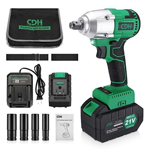 C D H 21V MAX Cordless Impact Wrench with 1/2'Chuck, Max Torque 206 ft-lbs (280N.m), 6.0A Li-ion Battery, 4Pcs Driver Impact Sockets, Fast Charger and Tool Bag
