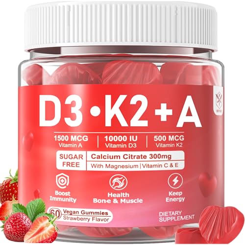 Vitamin D3 K2 A Gummies 5000IU / 10,000 IU, Vitamin D3 Con K2 Supplement with 300mg Calcium...