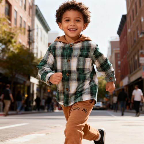 Image of OLMRJKD Toddler Baby Boy Clothes Plaid Long Sleeve Hoodie Sweatshirt + Pants 2pcs Boys Outfit Set