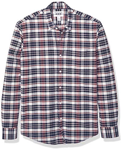 Amazon Essentials Men's Slim-Fit Plaid Long-Sleeve Pocket Oxford Shirt, White/Navy, Medium