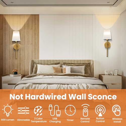 Battery Operated Wall Sconce Set of 2, Rechargeable Wall Lights with 5000mAh Dimmable Detachable Charging Bulbs and Remote, 3 Color Temperature Wireless Sconces for Bedroom Living Room Hallway - Image 3