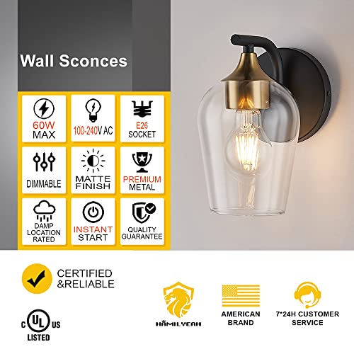 Hamilyeah Gold Wall Sconces Set Of 2, Black Sconces Wall Lighting With Clear Champagne Glass Shade, Industrial Bathroom Sconce Lighting, Modern And Farmhouse Wall Lamps, Ul Listed #TOP1