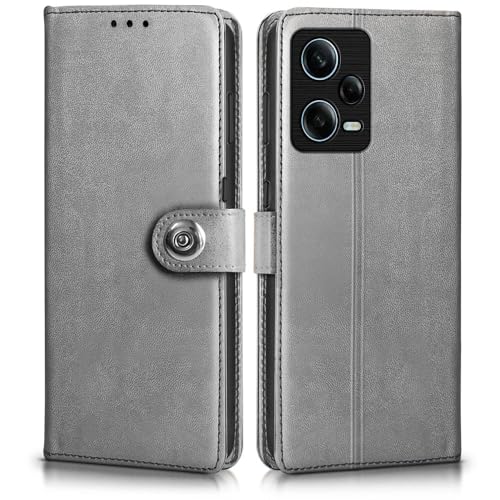 Image of WOW IMAGINE Shock Proof Flip Cover Back Case for Redmi Note 12 Pro 5G (Magnetic Button Flip Case | Wallet Pockets & Stand | Leather Finish | Stone Grey)