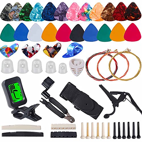 Guitar Accessories Kit Include Guitar Strings, Guitar Picks,Guitar Bridge Nut & Saddleï¼ŒBridge Pins, Tuner, Capoï¼ŒStrapï¼ŒPick Holder, Restring Toolï¼ŒFinger Protectorï¼ŒFinger Guitar Picks