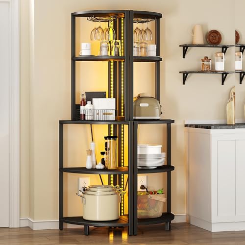 DWVO Corner Shelf with LED Lights & Bookshelf Glass Holder, 4 Tier Corner Wine Bar Rack, Large Wooden Corner's Bookshelf with Display Shelves for Living Room, Dining Room, Kitchen, Black