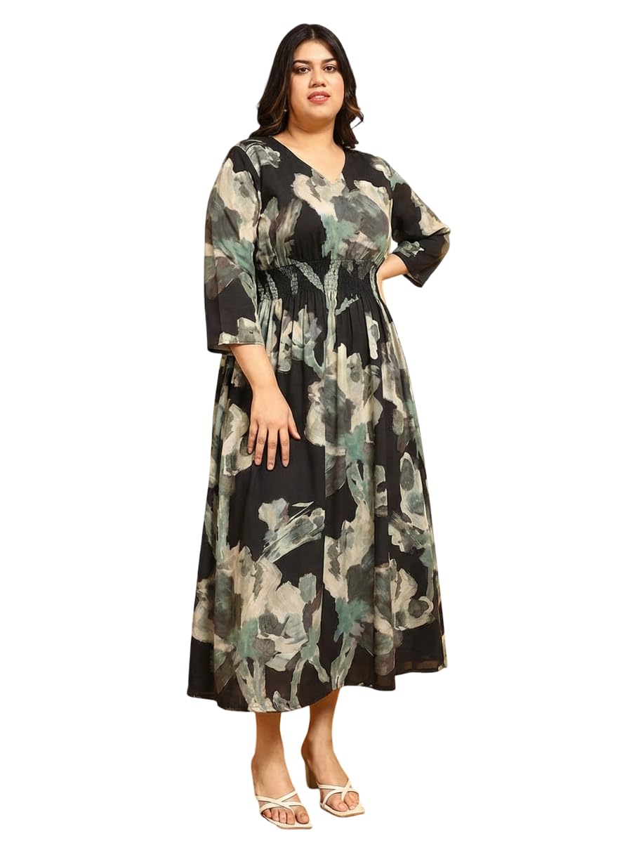 deebaco Women's Abstract Print Women's Plus Size A-Line Dress Calf Length A-Line Dress|Sleeveless|V Neck|Casual Trending Stylish Long One Piece Dresses Women Western (Black)-picture-10