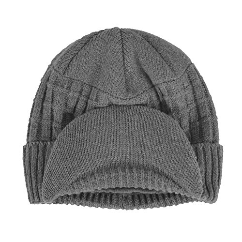 Janey&Rubbins Sports Winter Outdoor Knit Visor Hat Billed Beanie with Brim Warm Fleece Lined for Men and Women (Gray)