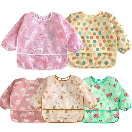 LAIVIYA Lot de 5 Bavoirs avec Manches Imperméables pour Enfants, Bavoirs à Manches Longues en Style Tablier, Bavoir Enfant Imperméable pour Peindre, Jouer...