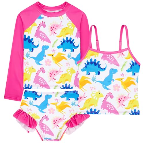 Image of Funnycokid Girls Swimsuit 3 Pieces Long Sleeve Rash Guard Set Tankini Bathing Suits Summer Kids Swimwear 3-10 Years