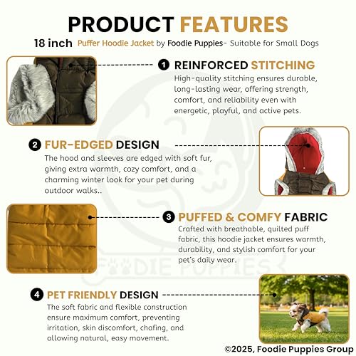 Image of Foodie Puppies Dog Puffer Hoodie Warm Winter Jacket - (Yellow Olive, 18 Inch) for Small Dogs | Ultra Warm Waterproof & Windproof Fur Coat | Washable Pet Vest Apparel for Cold Weather