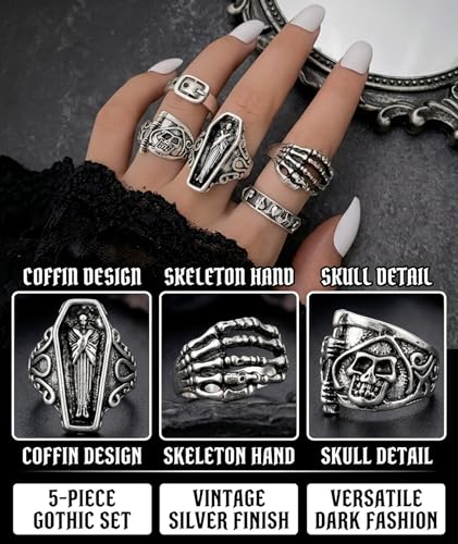 figurine 5-7 Pcs Gothic Rings, Silver - Image 3