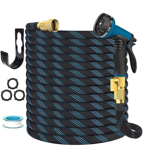 Garden Hose Non-Expandable 25 ft, Lightweight Flexible Water Hose with 10 Function Spray Nozzle, Outdoor Leak Proof, Kink-Free, Portable Hose for Yard, Lawn, Camper, High-Density Fabric, Black Blue