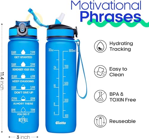 Image of TEKCOOL Motivational 1L Capacity Blue Plastic Bottle with Straw | Leakproof, Durable, BPA-Free | Ideal for School /College /Office /Travel, Sports /Outdoor Activities /