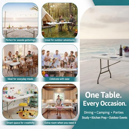 Image of 5Ft Folding Table, Portable Table for Home Office, Multipurpose Picnic Table with Carrying Handle,100kg Load Capacity Outdoor Camping & Study Desk (150x74x70cm,White)