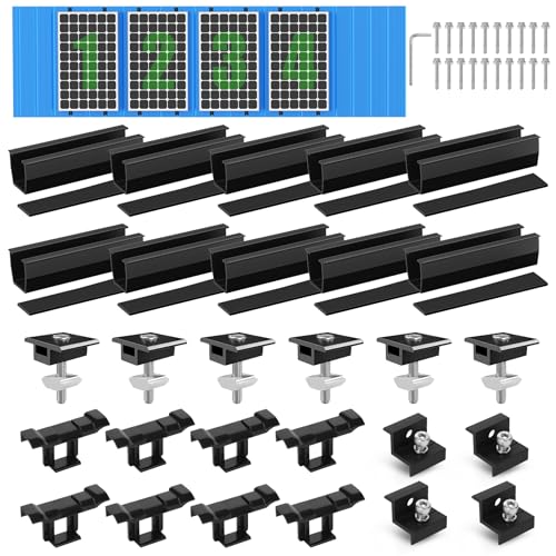 BOSYTRO Solarmodul Halterung Montageset, PV Halterung für 4X Module, 12CM Schwarze Schiene+Solarpanel Wasserablauf Clips 30MM+Verstellbare Klemme für 30-35MM Dicke Module für Flachdach Trapezblech