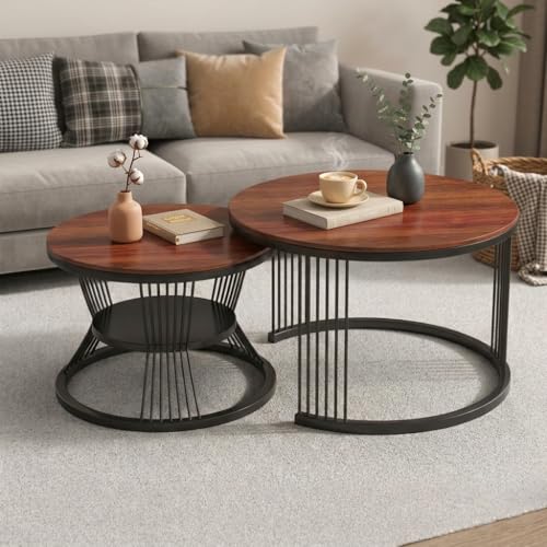 Image of Coffee Table, 20 inch Round Coffee Table Set of 2, Wooden Nesting Table with Metal Frame, Center Tables for Living Room Bedroom Balcony Bedside Table Black Brown