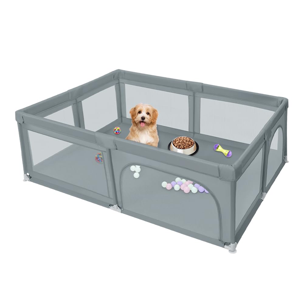 Parc pour Chiots avec Porte, adapté aux Chiots ou aux Petits Chiens, clôture Robuste en Tissu Oxford et Maille en Nylon Haute résistance, Lavable en Machine (Gris foncé, 205x147 cm)
