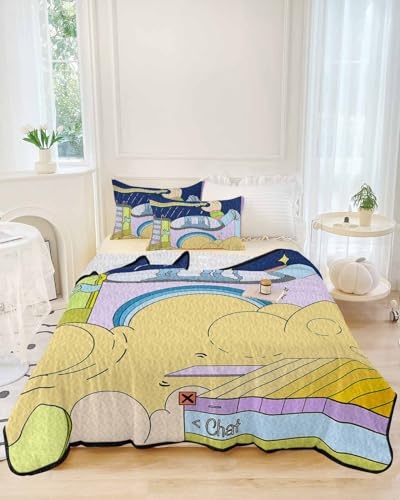 Quilt Set Full Size 3 Pieces Quilted Bedspread-Thin Soft, Art Hand Drawn Abstract Fantasy Children Cartoon Theme Stitched Lightweight Quilt with 2 Pillow Shams Coverlet Bedding Sets for All Season