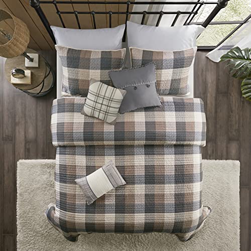 Image of Madison Park Reversible Quilt Cabin Lifestyle Plaid Design - All Season, Breathable Coverlet Bedspread Bedding Set, Matching Shams, Full /Queen(90 inchx90 inch), Neutral 6 Piece