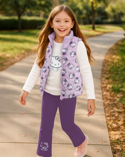 Image of Hello Kitty Girls Pants Set - 3 Piece Zip Up Vest, Long Sleeve Graphic Shirt, Fleece Pants - Matching Set for Girls (2T-12)