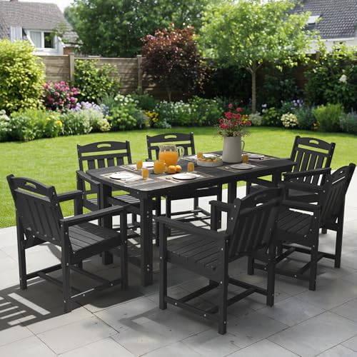 SUUNYN HDPE Outdoor Patio Dining Set with Table & 6 Chairs, All-Weather 7-Piece Outdoor Table and Chairs, 2' Umbrella Hole, Patio Furniture for Garden, Backyard, Deck | Black