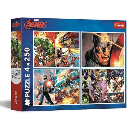 Trefl - Puzzle 4 em 1: Marvel The Avengers, dias de heróis - 4 x 250 peças - conjunto de quatro quebra-cabeças para adolescentes