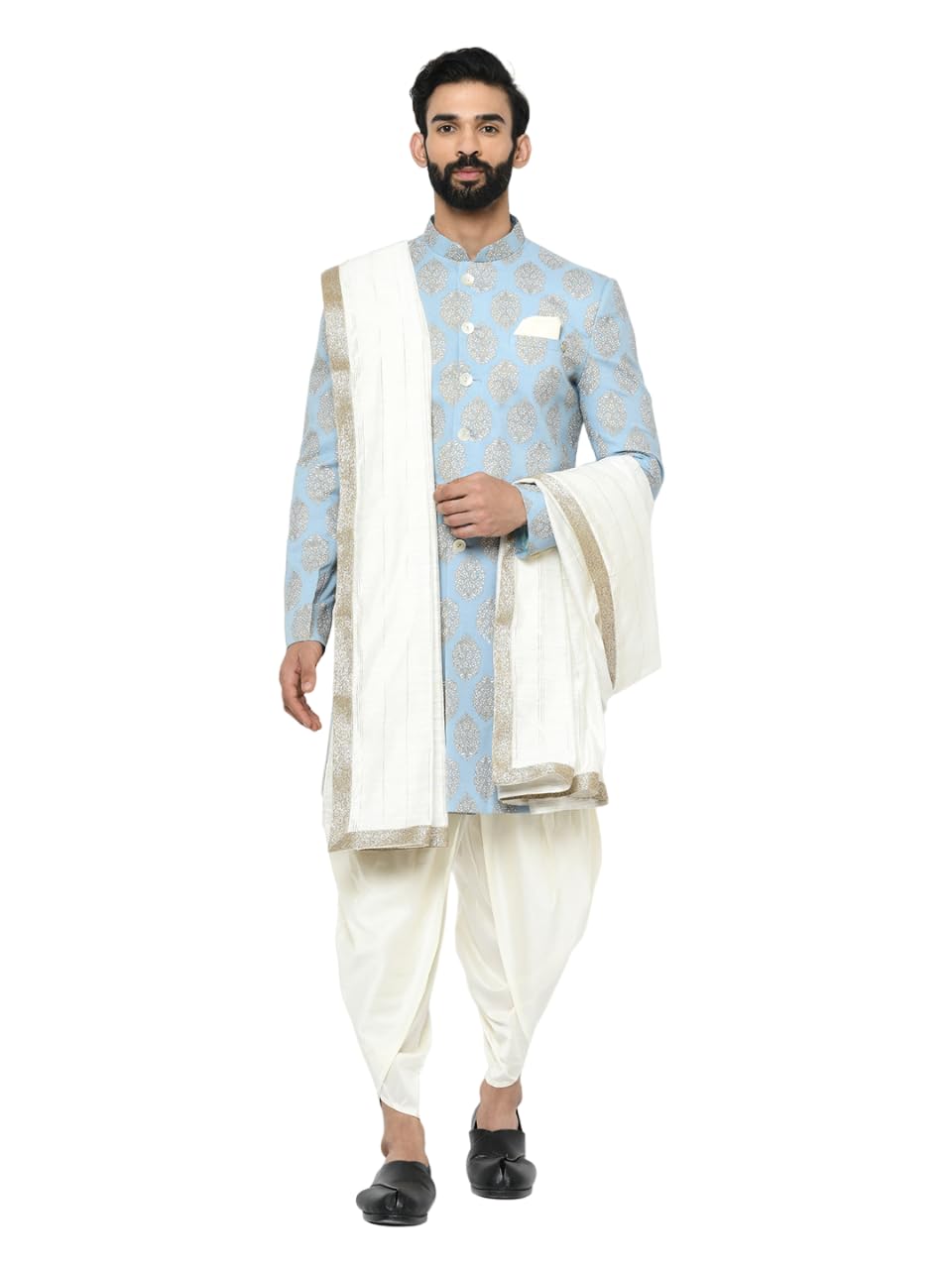 kisah Men's Indo-Western Sherwani Dhoti With Dupatta Set, Blue Cotton Blend Printed Regular Fit Mandarin Collar Full Sleeves-picture-11