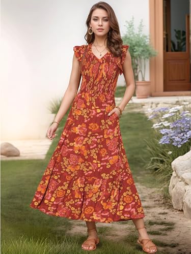 Image of Seta T Women's Summer Dresses Casual Ruffle Sleeveless V Neck Floral Sundress Flowy Smocked Beach Maxi Dress