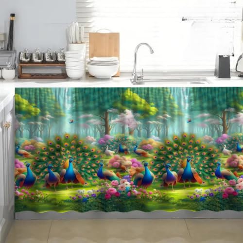 Image of Kitchen Curtains for Sink | Premium Printed Under-Sink Skirt for Kitchen Counter | Washable & Dustproof Rod Pocket Curtain | Home & Cooking Theme Decor (150cm x 70cm) (Forest)