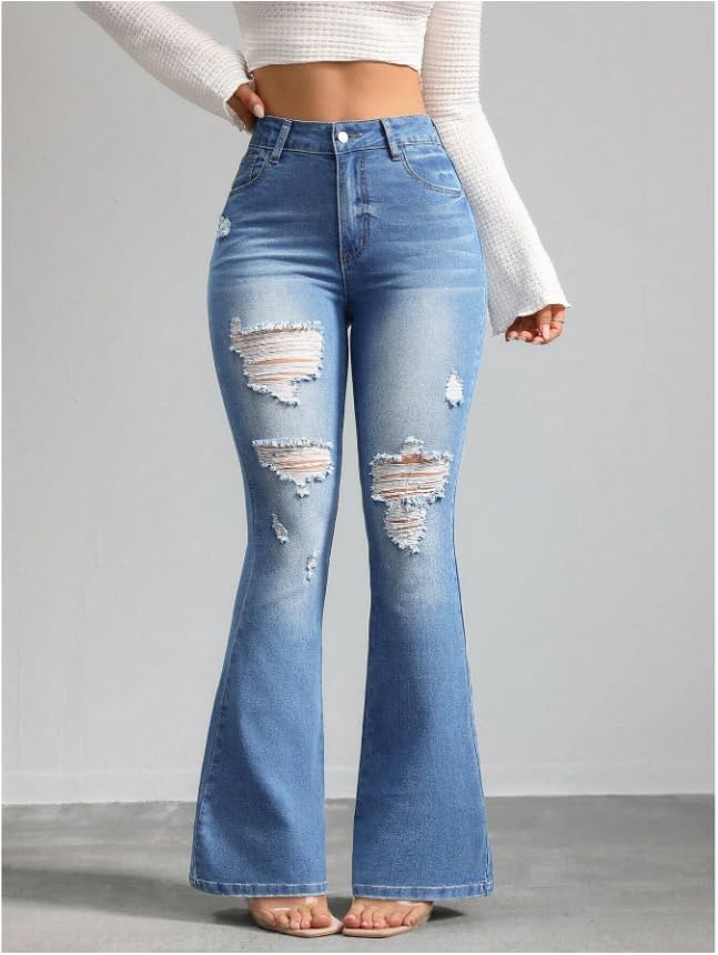 Bell Bottom Jeans for Women High Waisted Stretch Ripped Skinny Hole Classic Raw Hem Denim Flare Pants - Image 3