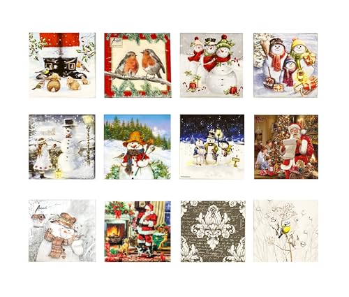 12 Assorted Christmas Napkins for Decoupage - Variety of Decorative Winter Designs With Santa Snowman Birds Script - 1 Per Style 6.5 Inches