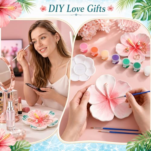 Image of Zubebe 6 Set Ceramics to Paint Hibiscus Flower Jewelry Tray Kit Ready to Paint Ceramics Ring Dish Holder DIY Unpainted Plates Trinket Dish Tray Crafts with Brush Palette for Valentine Wedding