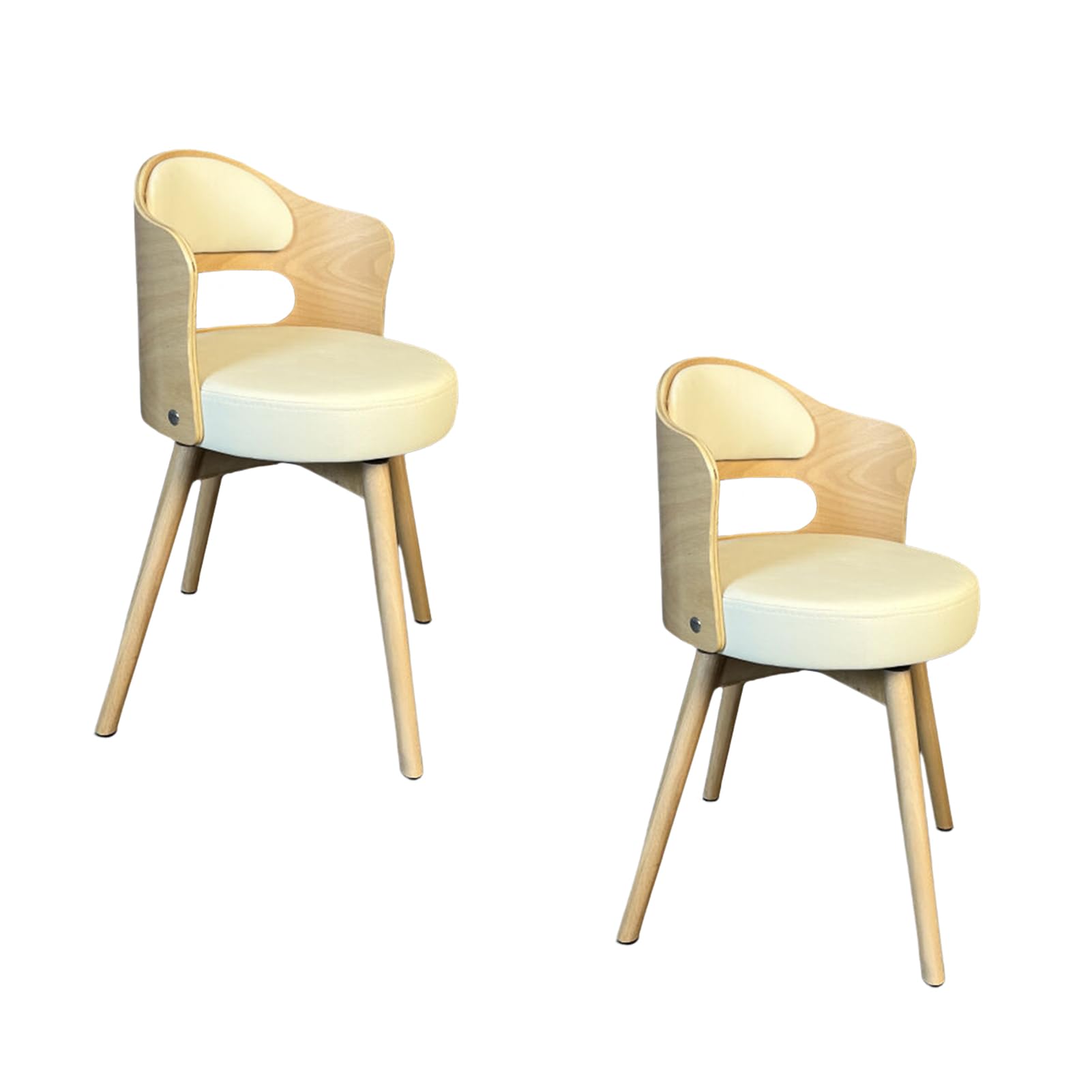 Lot de 2 chaises de salle à manger rondes et modernes avec accoudoirs et coussin en cuir synthétique, pieds en bois massif, facile d'entretien, beige