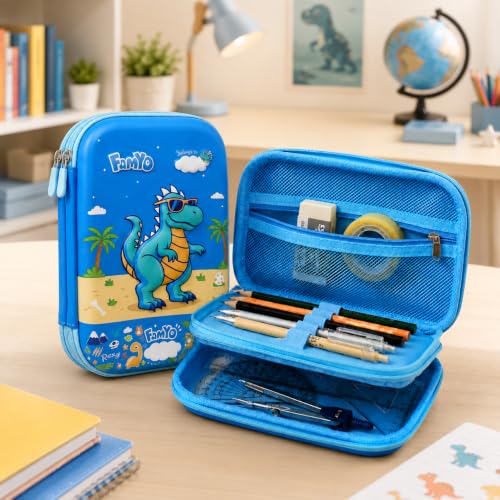 Image of Famyo Rexy Dino Pencil Pouch for Kids | 3 Compartment Pencil Case | Hard Shell EVA Pencil Box with Mesh Pocket & Zipper | School Stationery Organizer for Boys & Girls