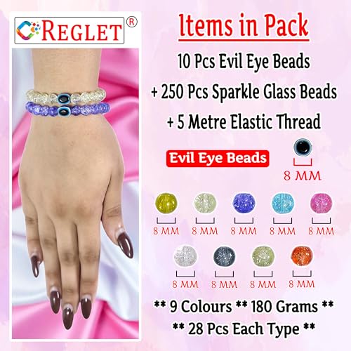 Image of 15 Pcs Evil Eye Beads + 250 Pcs Single Shade Sparkle Glass Beads for Bracelet Making Kit for Women - Jewellery Making Kit - Bead Set - Crystal Bead Craft - 8mm